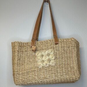 Vintage Esprit Woven Straw Tote Bag Brown Leather Handles 90s EUC